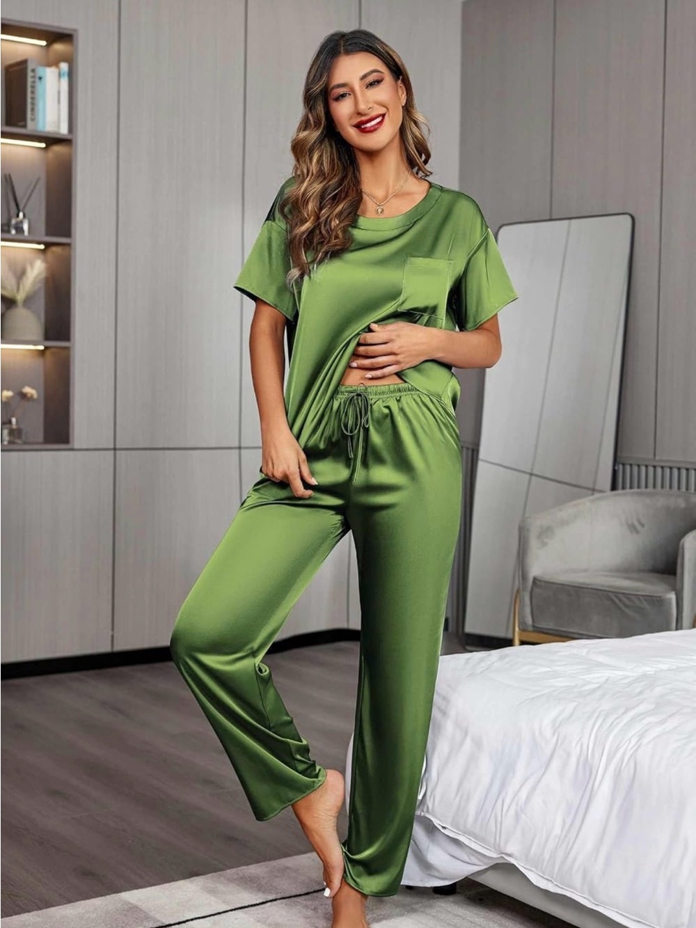 Silky Olive Green Short-Sleeve Pajama Set M